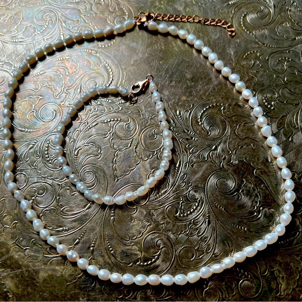 Elegant White Small Pearl Choker Necklace & Bracelet Set